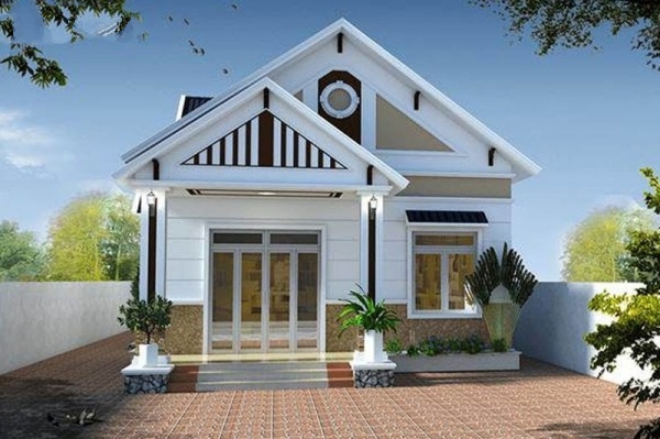 Mẫu nhà cấp 4 150 triệu khang trang, ấn tượng với các tiểu cảnh cây xanh quanh nhà. Chân tường ốp gạch giả đá, sử dụng cửa nhôm kính nhẹ, đẹp.