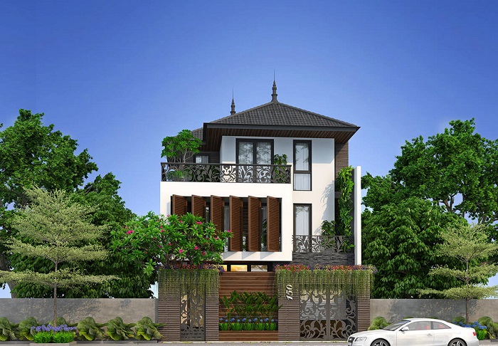 biet-thu-mai-thai-ve-dep-cua-su-dang-cap-9 Mái Thái màu đen, với phần chóp nhonjd dặc trưng, khi phối cùng màu nâu-trắng trông vừa hiện đại, vừa cổ điển